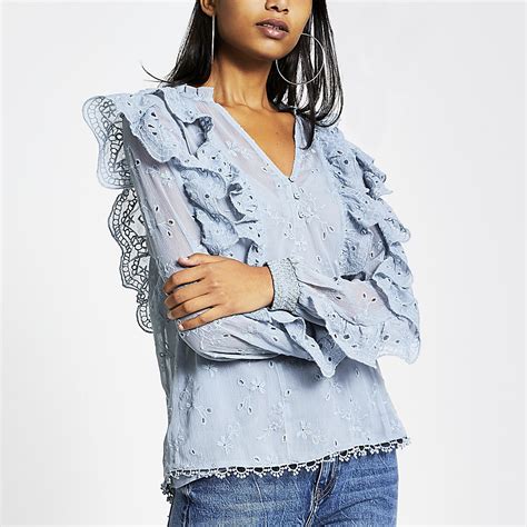 Blue Broderie Frill Long Sleeve Blouse River Island