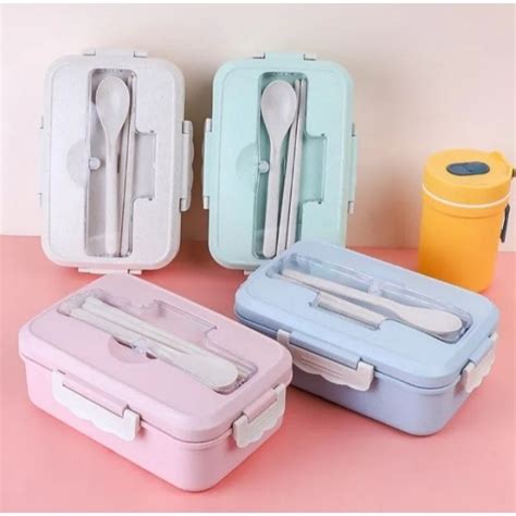 Jual Lunch Box 2 SSN Sendok Garpu Kotak Bekal Tempat Makan Jerami Lunch