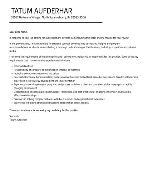 Public Relations Director Cover Letter Velvet Jobs