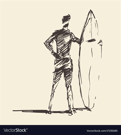 Drawn Young Man Beach Surfboard Sketch Royalty Free Vector