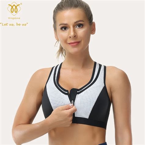 Wingslove Women Zip Front Closure Sport Bra Racerback Double Deck Mesh Runing High Impact