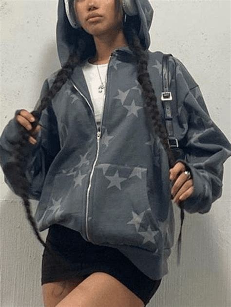 2023 Oversized Star Print Zip Up Hoodie Gray S In Hoodies Online Store