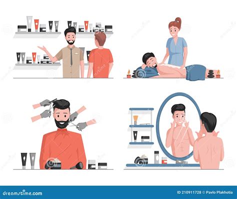 Men Spa Vector Flat Illustrations Male Characters Shaving Cleansing