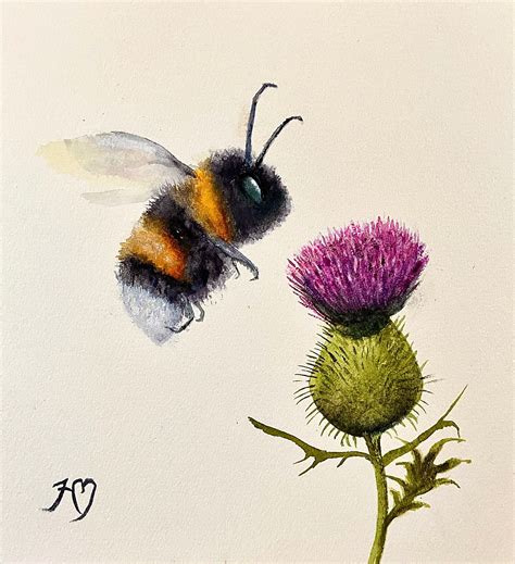 Watercolour Bumble Bee And Thistle Bumble Bee Art Bee Painting Bee