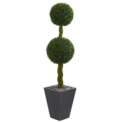 5 Double Ball Boxwood Topiary Artificial Tree In Slate Planter Uv Resistant Indooroutdoorr