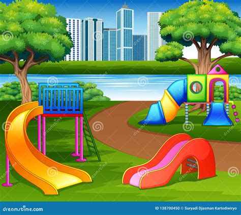 Cartoon Urban Park Kids Playground in the Nature Background Stock ...