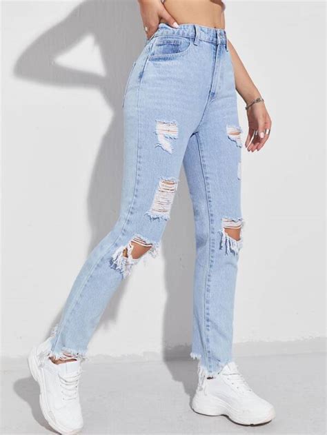 SHEIN EZwear Jeans mom rotos bajo crudo Moda de Mujer SHEIN México