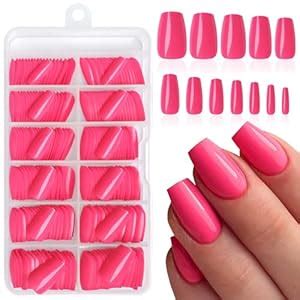 Amazon Luckforever Pc Coffin Press On Nails Medium Fake Nails Hot Pink Acrylic Nails