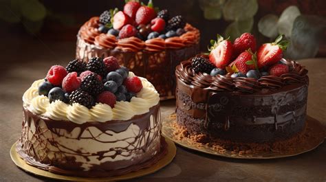 Three Cakes Covered Up With Chocolate And Berries Background Pictures