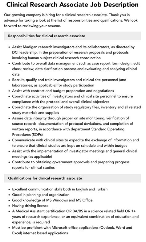 Clinical Research Associate Job Description Velvet Jobs