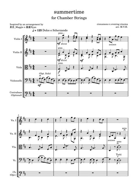 Summertime Arr M V Hung By Cinnamons X Evening Cinema Sheet Music