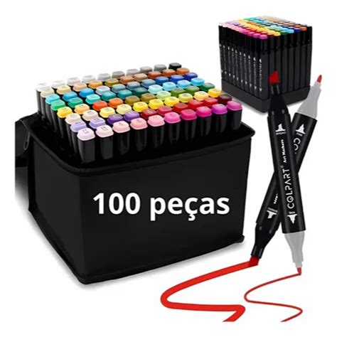 Canetinhas A Base De Álcool - Kit 100 ou 24 Canetinhas Ponta Dupla Canetas Coloridas À Base De Álcool ...