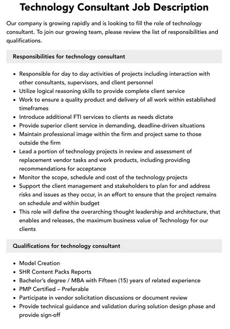 Technology Consultant Job Description Velvet Jobs