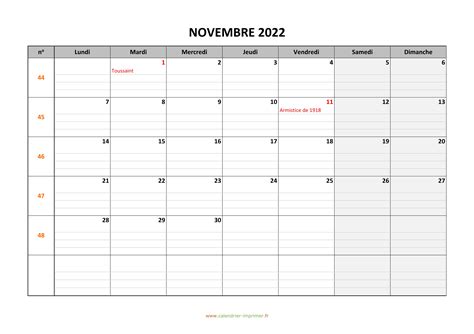 Calendrier Novembre Imprimer