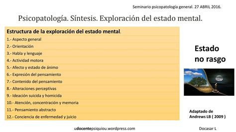 Psicopatología Síntesis Exploración del estado mental ppt descargar