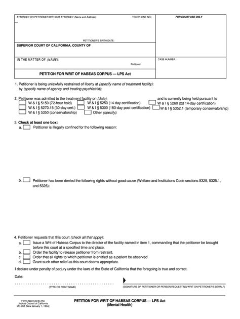 MC 265 PETITION For WRIT Of HABEAS CORPUS LPS Act Courts Ca Fill Out