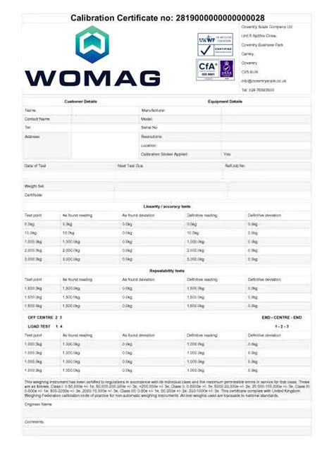 Calibration Certificate Womag Weighing Ltd