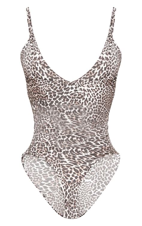 Shape Tan Leopard Print Slinky Plunge Bodysuit Prettylittlething