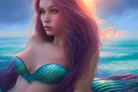 Beautiful Mermaid With Long Flowing Hair In Lush Tropical Landscape · Creative Fabrica