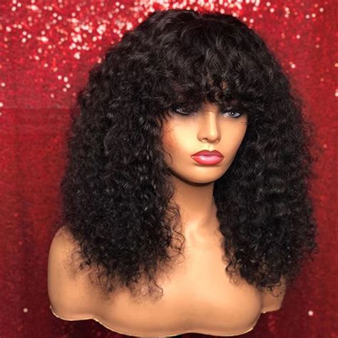 Short Curly Peruvian Virgin Human Hair Lace Front Wig With Fringe 250 Density None Lace Wig