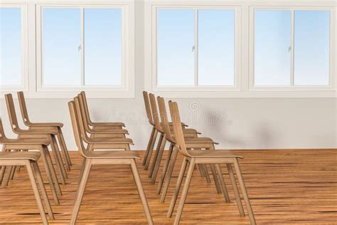 A Classroom With Chairs Inside And A Blackboard In The Front Of The Room 3d Rendering Stock