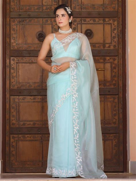 Buy Light Blue Hand Embroidered Organza Silk Saree Cm Ss Cham