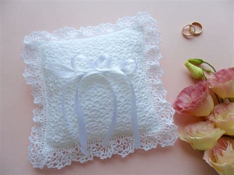 Cuscino Portafedi Uncinetto Crochet Wedding Linen Ring Pillow White