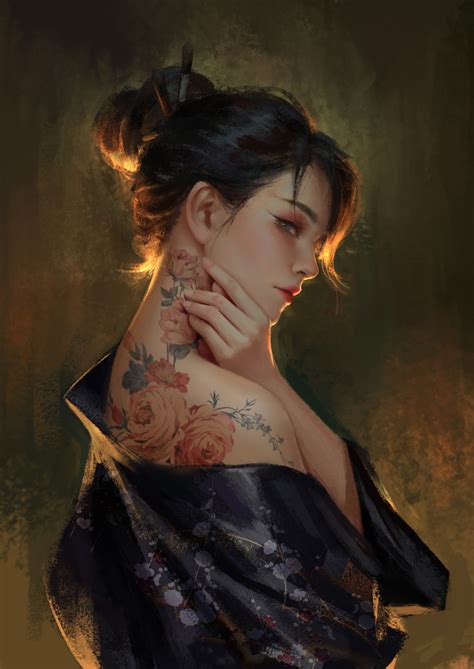 Women Hairbun Fantasy Girl Yihao Ren Eastern Tattoo Flowers