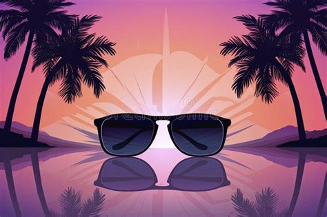 Sunglasses With Palms Reflection Vector Illustration Background Pink Sunset Stock Illustration