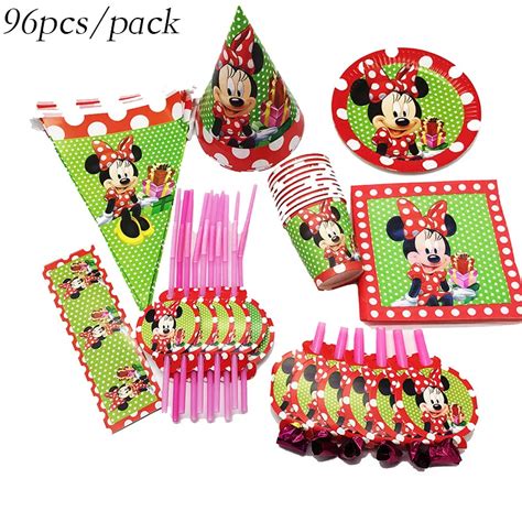 96 pcs Minnie Mouse theme placas canudos descartáveis talheres