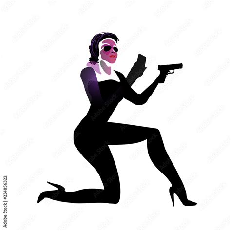 Silhouette Girl In An Action Movie Film Shootout Pose With A Gun Sit