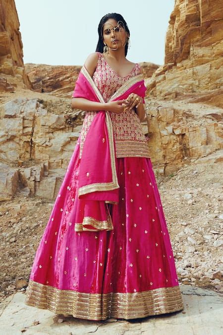 Buy Pink Velvet Embroidered Floral Motifs V Neck Kurta Lehenga Set For