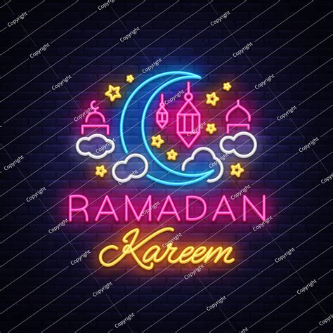 بطاقات تهنئة رمضان كريم، لافتة نيون، قالب تصميم، لافتة ضوئية، ليل