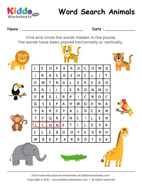 Free Printable Word Search Animals Worksheet - kiddoworksheets