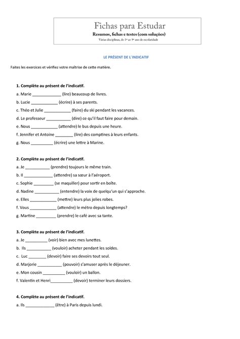 Ficha Frances 9 Ano Present De Lindicatif 2 Le PrÉsent De L ́indicatif Faites Les Exercices Et