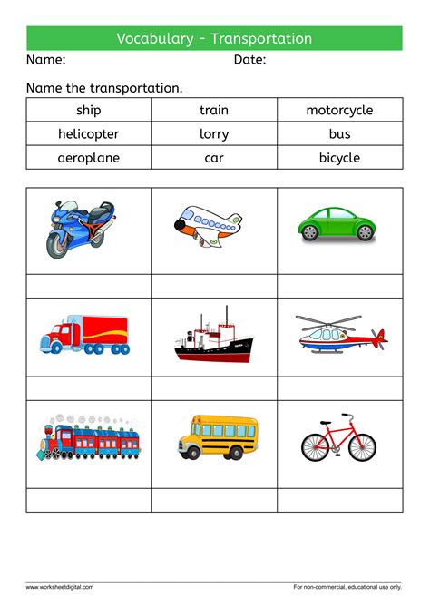 Vocabulary Transportation Worksheet Digital