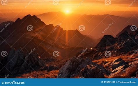 The Majestic Mountain Peak Glows In The Tranquil Back Lit Sunset