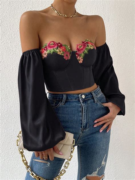 SHEIN Privé Floral Embroidery Off Shoulder Lantern Sleeve Crop Top