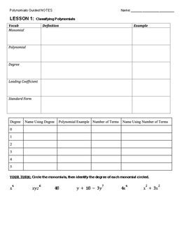 Polynomials Guided Notes Algebra By Math Help Please TPT