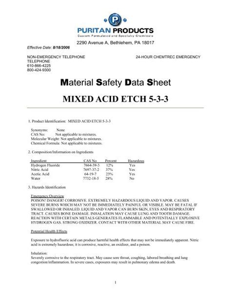 Material Safety Data Sheet Mixed Acid Etch Puritan Products 49 Off