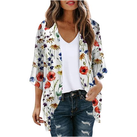 Kimonos For Women Beach Swimsuit Cover Up Cardigans 3 4 Sleeve Tops