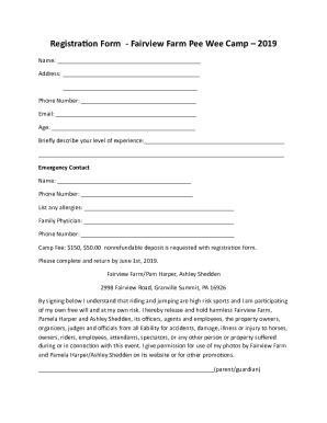 Fillable Online Registration Form Pee Wee Camp Fax Email Print