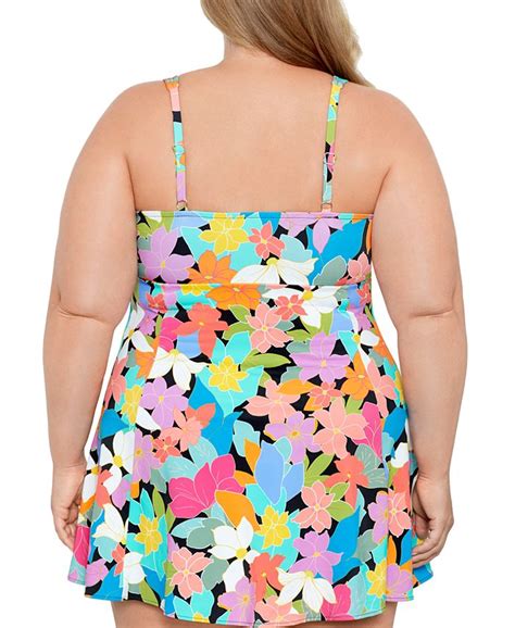 Swim Solutions Plus Size Tummy Control Bow Front Printed Swimdress