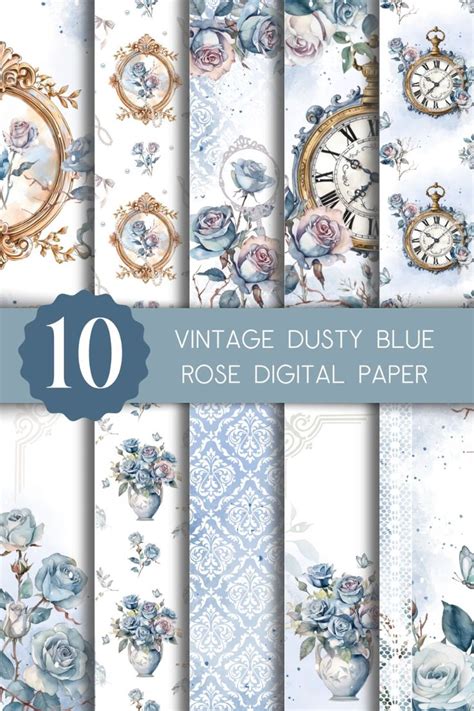 Vintage Dusty Blue Rose Digital Paper Graphic By Daisyartwatercolors