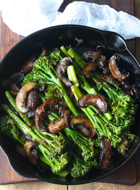 Roasted Broccolini With Mushrooms In Balsamic Sauce Season With Spice