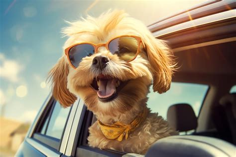 Premium Photo A Dog Wearing Sunglasses And Looking Out Of A Car Window