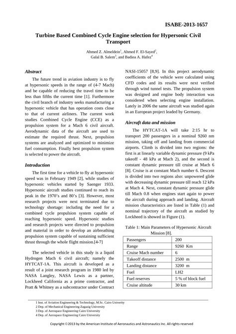 PDF Turbine Based Combined Cycle Engine Selection For Hypersonic