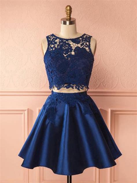 Round Neck Dark Blue 2 Pieces Lace Short Prom Dresses Dark Blue 2 Pie Morievent