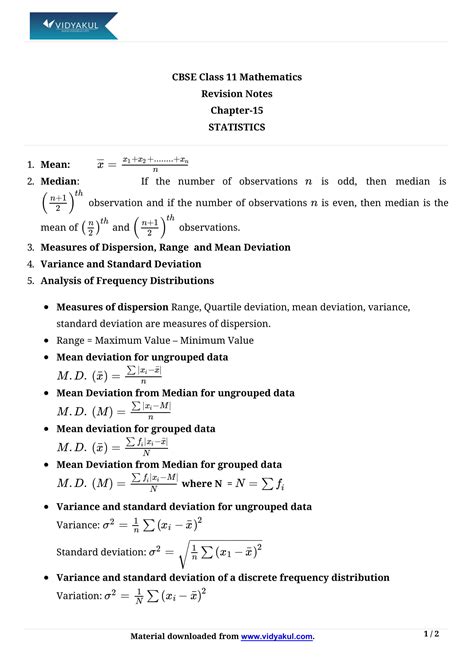 Statistics Class 10 Formula Sheet