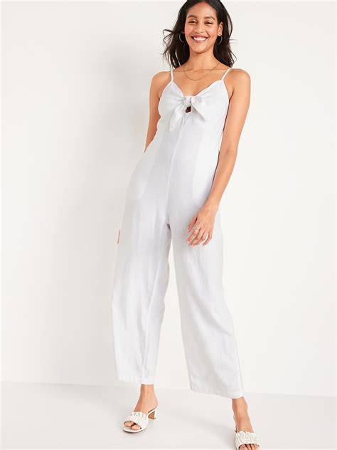 Cropped Smocked Knotted Linen Blend Cami Wide Leg Jumpsuit Old Navy